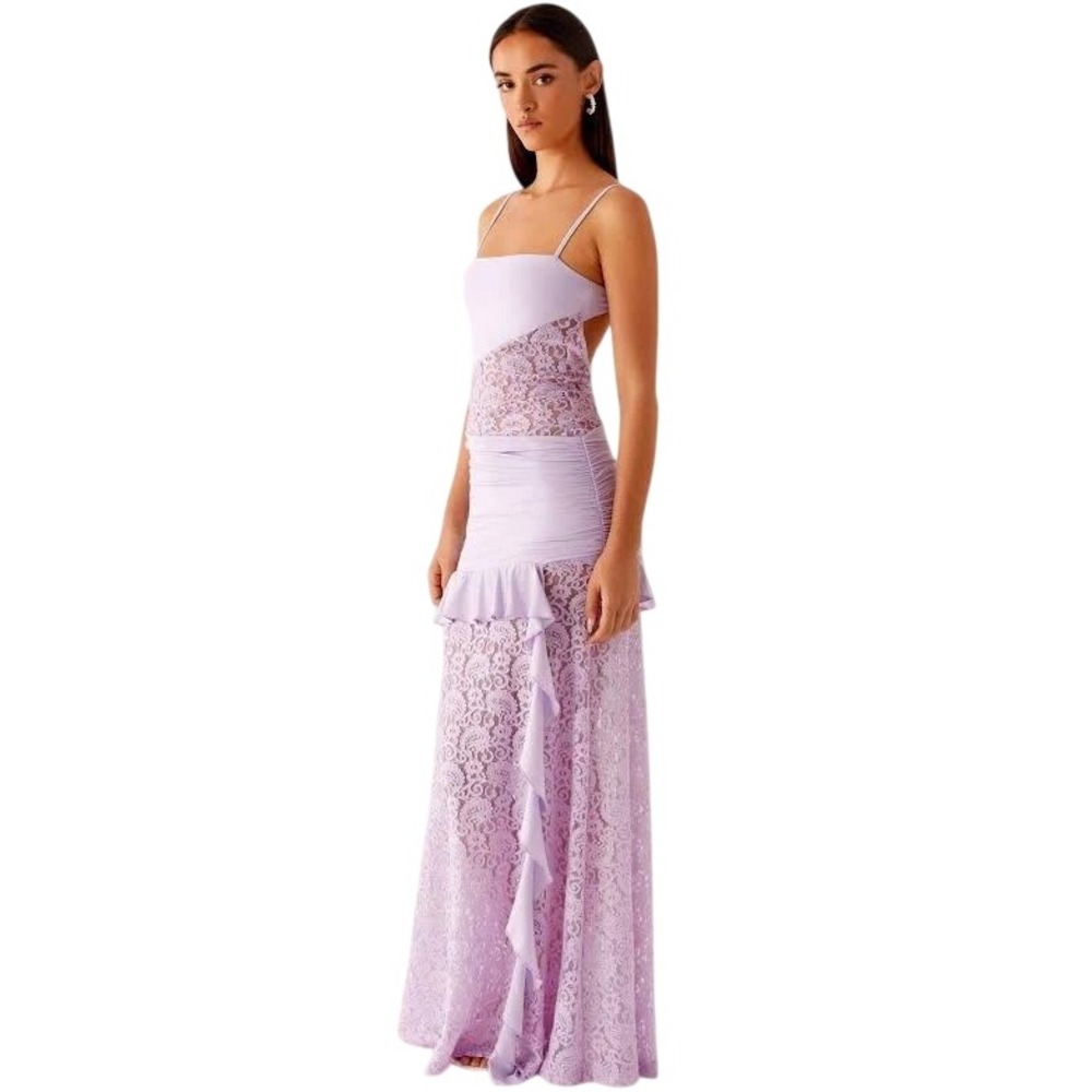 NWT Peppermayo Lilac Lace Maxi Dress Open Back Ruffle Detail Purple US L